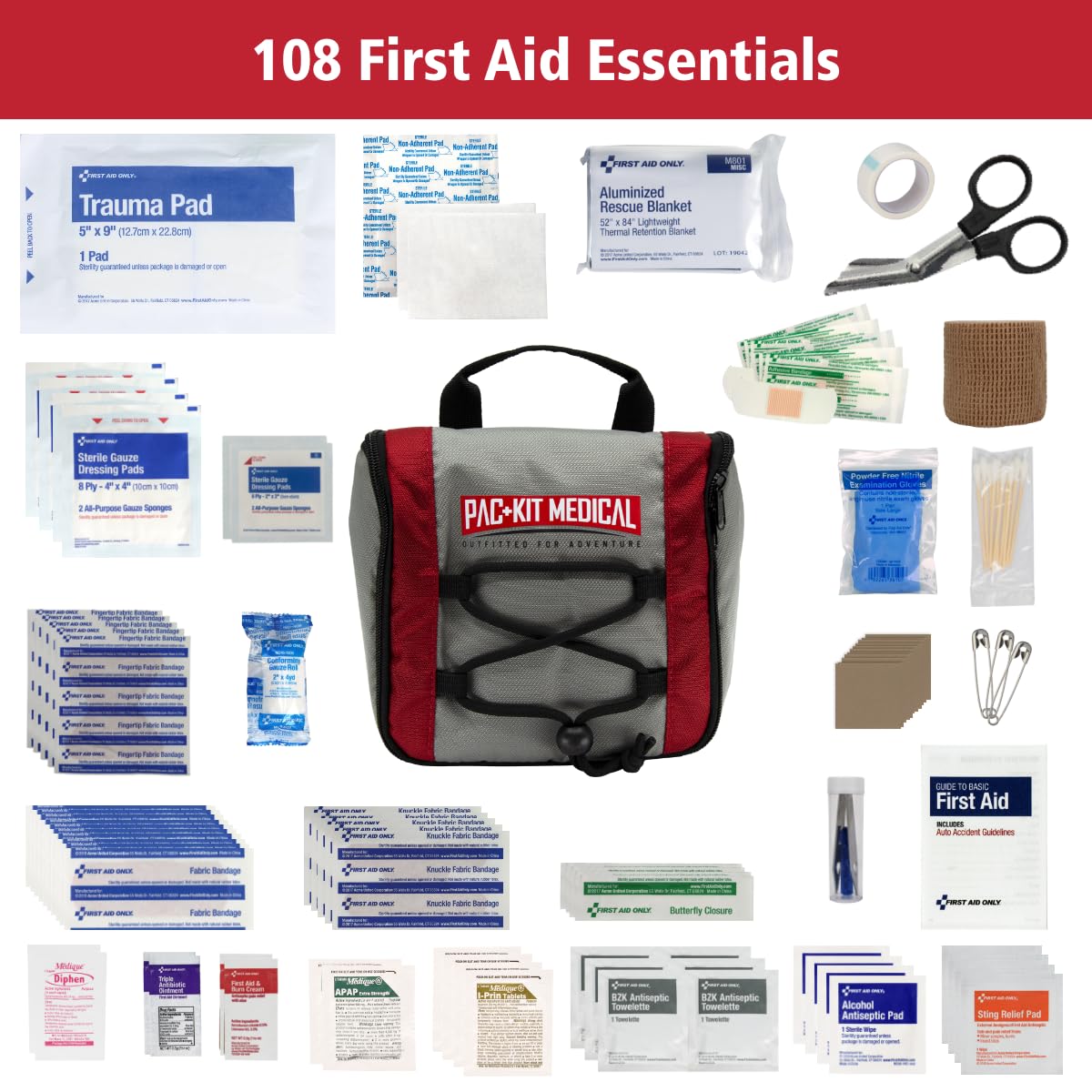 Pac-Kit Trailblazer 3 Outdoor First Aid Kit for Hiking, Camping and Outdoor Travel, 108 Pieces