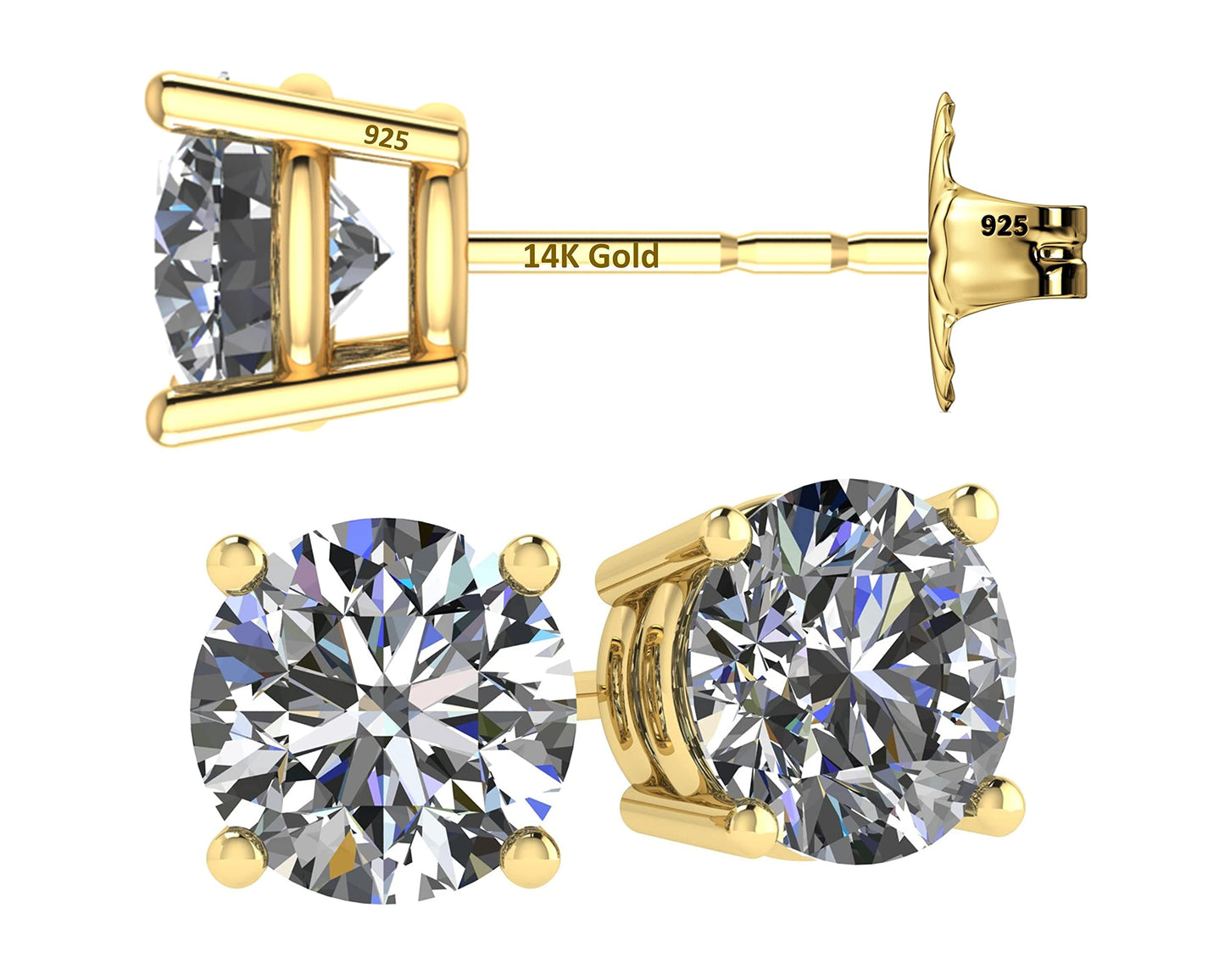 Central Diamond Center 14K Solid Gold Post & Sterling Silver Made with Swarovski 4 Prong CZ Stud Earrings - Yellow Gold Plated - 5.50mm - 1.50cttw