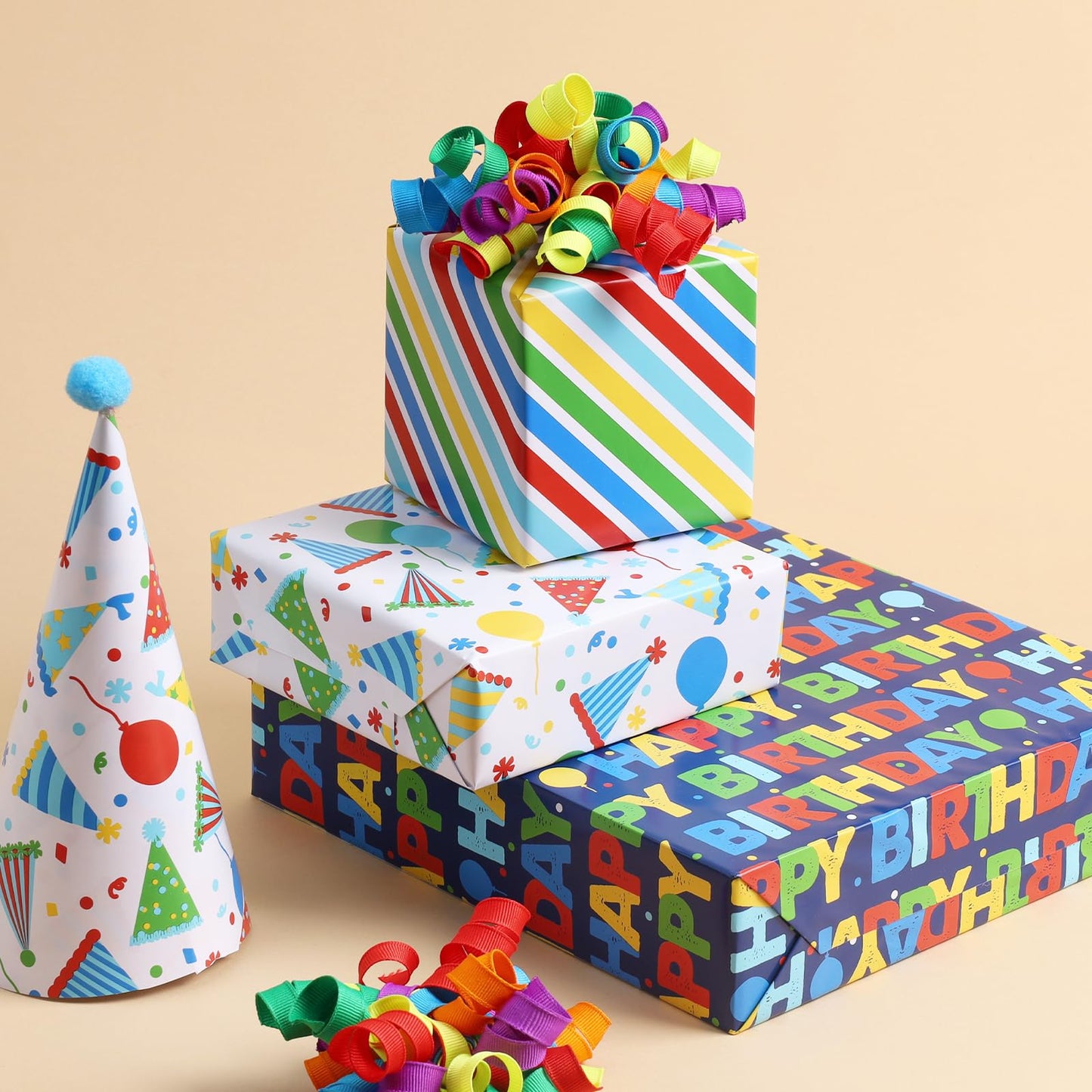 BIOBROWN Birthday Wrapping Paper, Colorful Gift Wrap with Text Happy Birthday Balloon Stripes Design for Kids, 17 inch X 120 inch Per Roll
