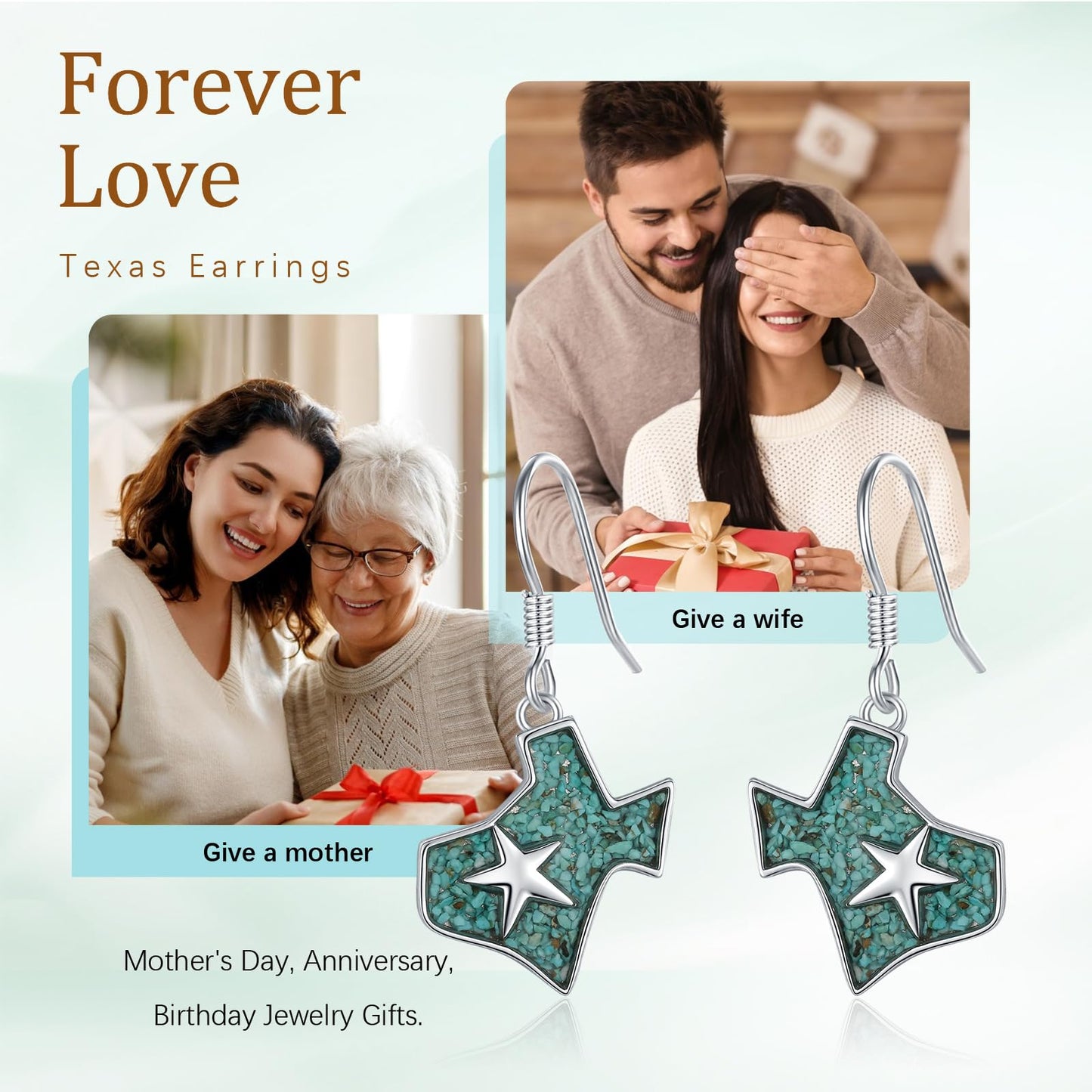 KoyeKei Texas Earrings Gifts for Women 925 Sterling Silver Turquoise Texas State Map Flag Dangle Drop Earrings Jewelry Texas Souvenirs Gift for Star TX Wife