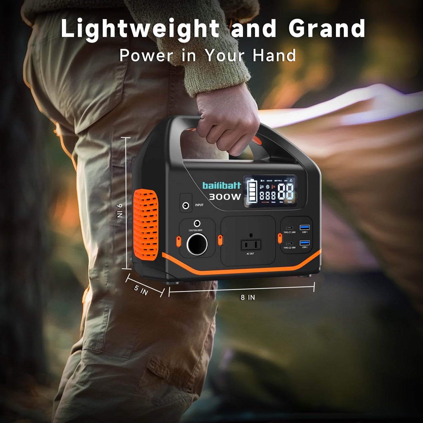 BailiBatt 300W Portable Power Station, 266Wh Solar Generator with 7 Outputs & Dual USB-C PD (24W+18W), 110V Pure Sine Wave AC, 6.5lb Lightweight Battery Backup for Camping, CPAP RV Home Blackout