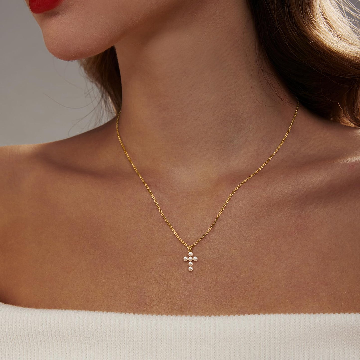 Zeffy Cross Necklace for Women,18k Gold Plated Pearl Necklace Tiny Cross Necklace for Women Simple Layered Cross Necklaces