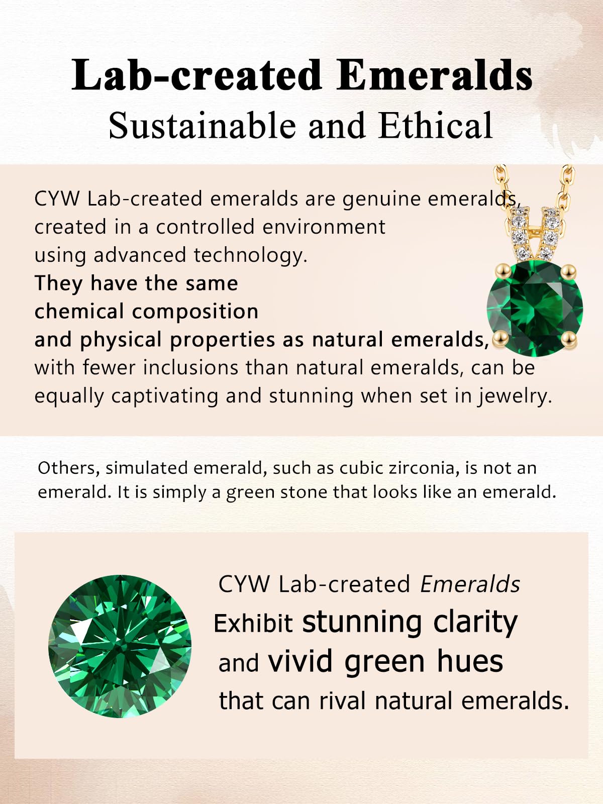 CYW Green Emerald Small Gold Round Necklace for Women 925 Sterling Silver Solitaire Pendant