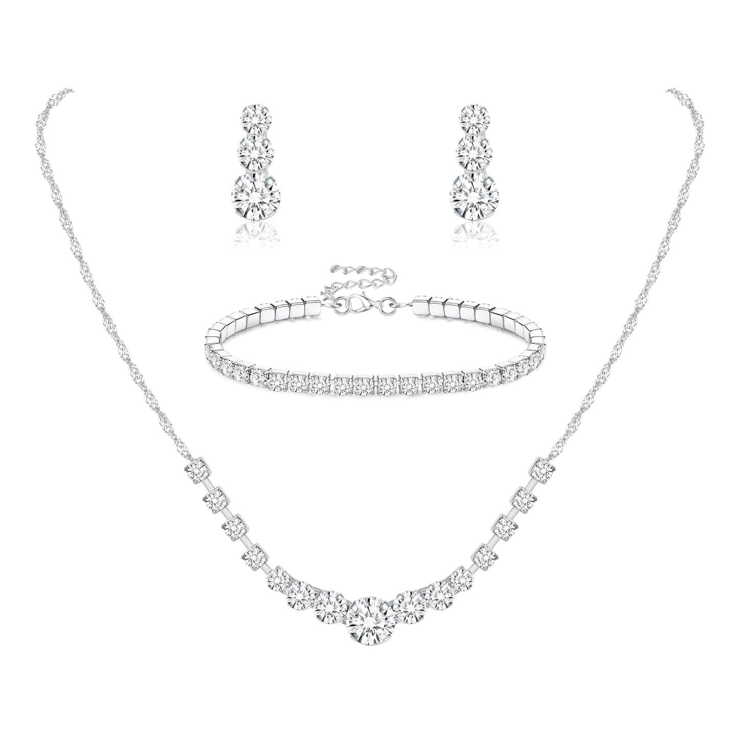Jstyle 3 Pcs Silver Jewelry Set for Women Wedding Bridal Necklace Earrings Bracelet with Crystal CZ Hypoallergenic Prom Jewelry Set for Bride Bridesmaid Party Birthday Accessories Style 2