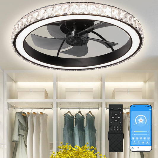 Aipsun Low Profile Modern Crystal Chandelier Ceiling Fans with Lights and Remote, 3000K-6500K Smart Bladeless LED Fan Light, 22" Black Modern Ceiling Fans with Lights for Bedroom