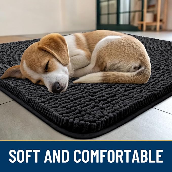 Smiry Dog Door Mat for Muddy Paws 40x24, Absorbs Moisture and Dirt Doormat, Non-Slip Washable Quick Dry Chenille Front Door Mat Indoor Entrance, Entryway Carpet for Inside Floor, Black