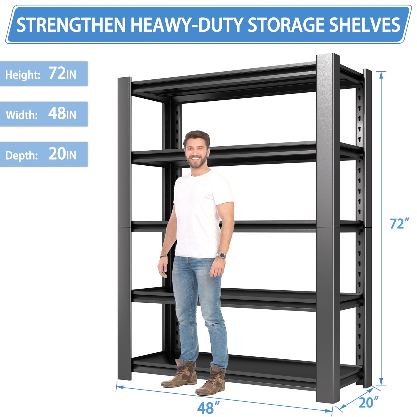 Nexvrtau 3000 LBS Capacity Metal Storage Rack 72" H x 48" W x 20" D, 5-Tier Heavy Duty Garage Shelving Unit,Adjustable Steel Shelves for Garage, Warehouse, Basement, Pantry, Workshop.1 Pack