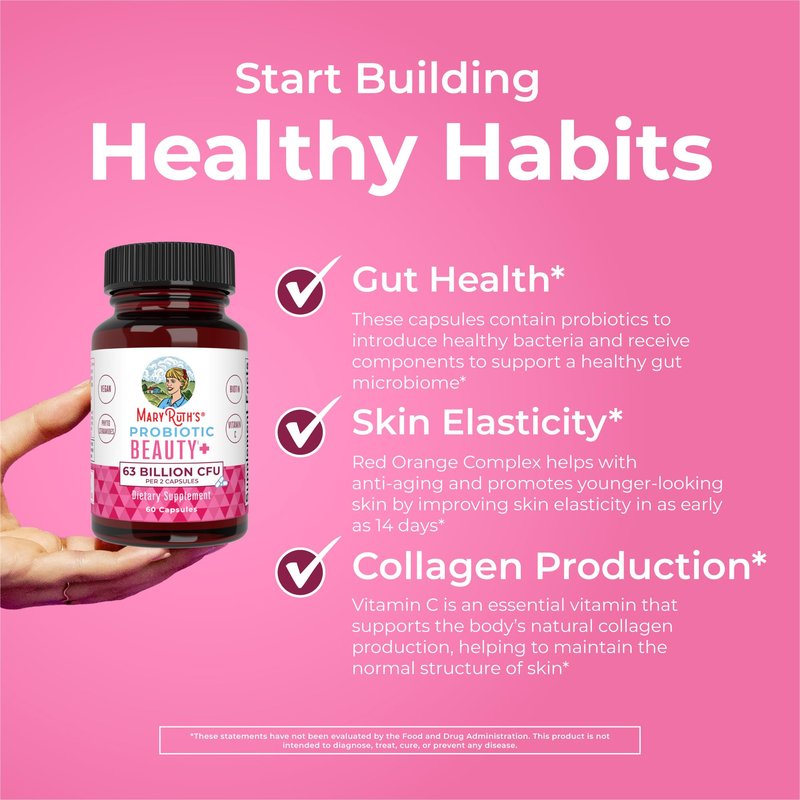 MARYRUTH'S Probiotic Beauty Capsules + Red Orange Complex & Ceramosides | Vegan Collagen Support | Anti Aging | Gut Health | Hair Skin and Nails Vitamins | Skin Care | Biotin | Non-GMO | 60 Count
