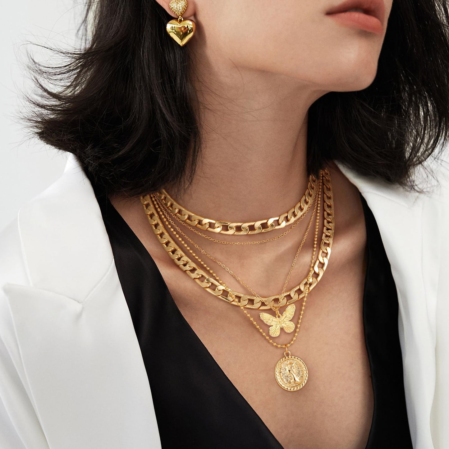 MJartoria Gold Layered Necklaces for Women Trendy Retro Coin Pendant Necklace Dainty Chunky Chain Choker Necklaces for Jewelry Birthday Gifts (Gold, A-X-Butterfly-5 in 1 Layered)