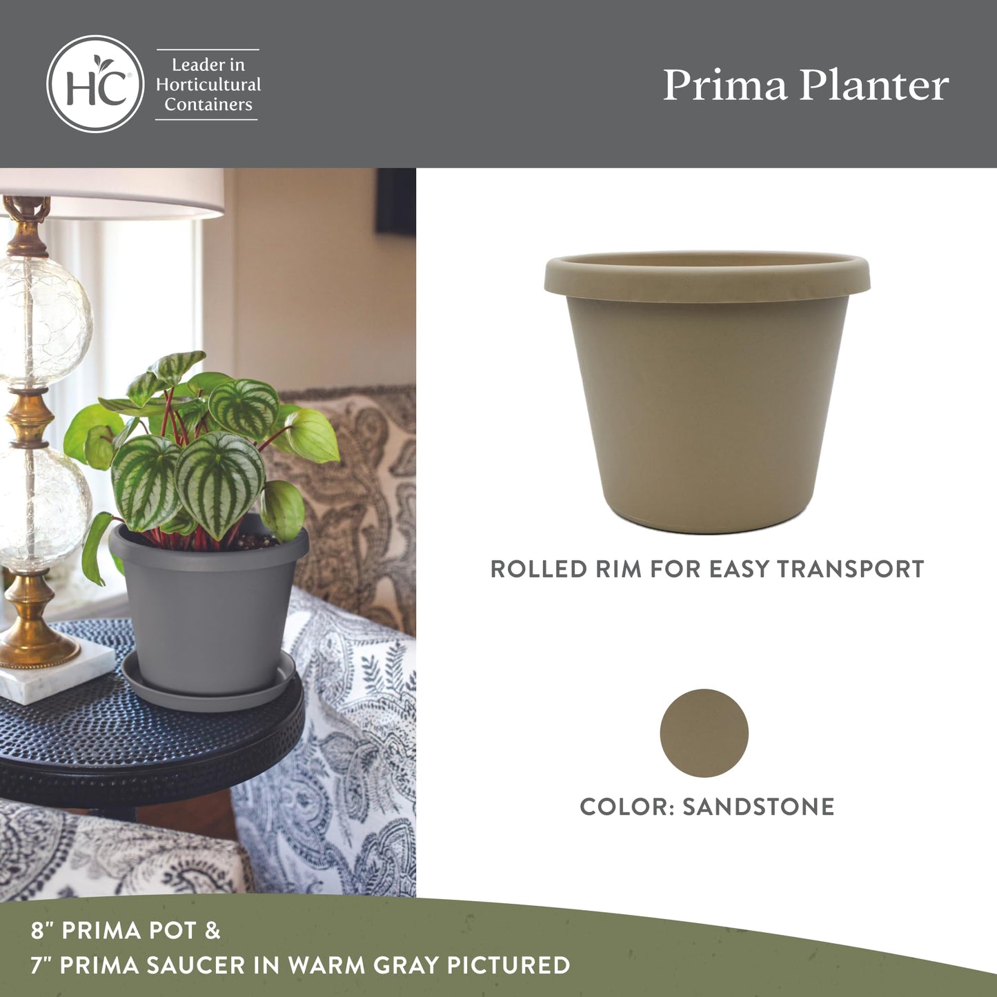 The HC Companies 16 Inch Prima Round Planter Pots with Drainage Holes and Rolled Rim, Lightweight UV-Resistant Plastic Indoor & Outdoor Planters, 2-Pack Flower Pots for Garden & Home Decor, Sandstone