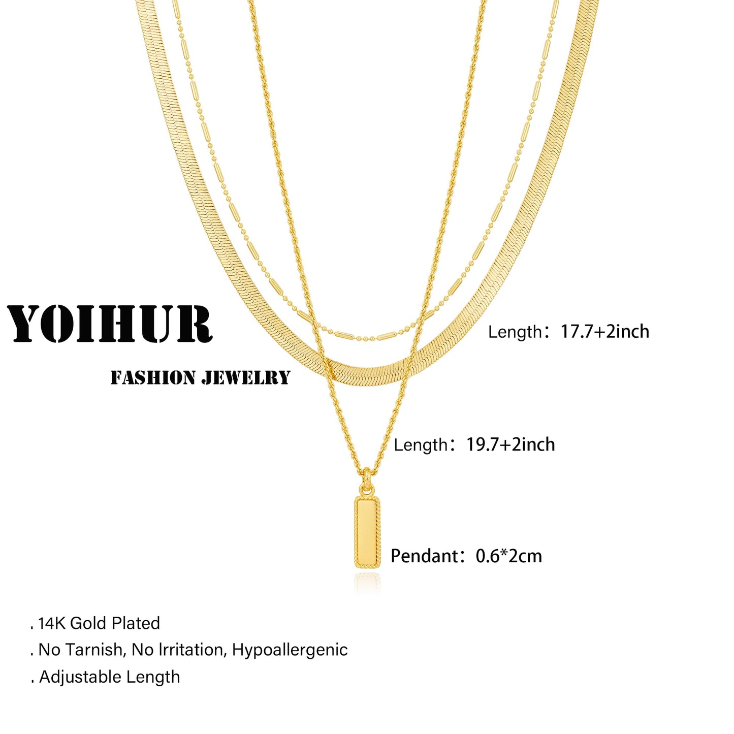YOIHUR Layered Gold Necklaces for Women,14K Gold Plated Beading Snake Chain Necklace Trendy Layering Rectangular Pendant Twisted Rope Necklace Set Jewelry for Women