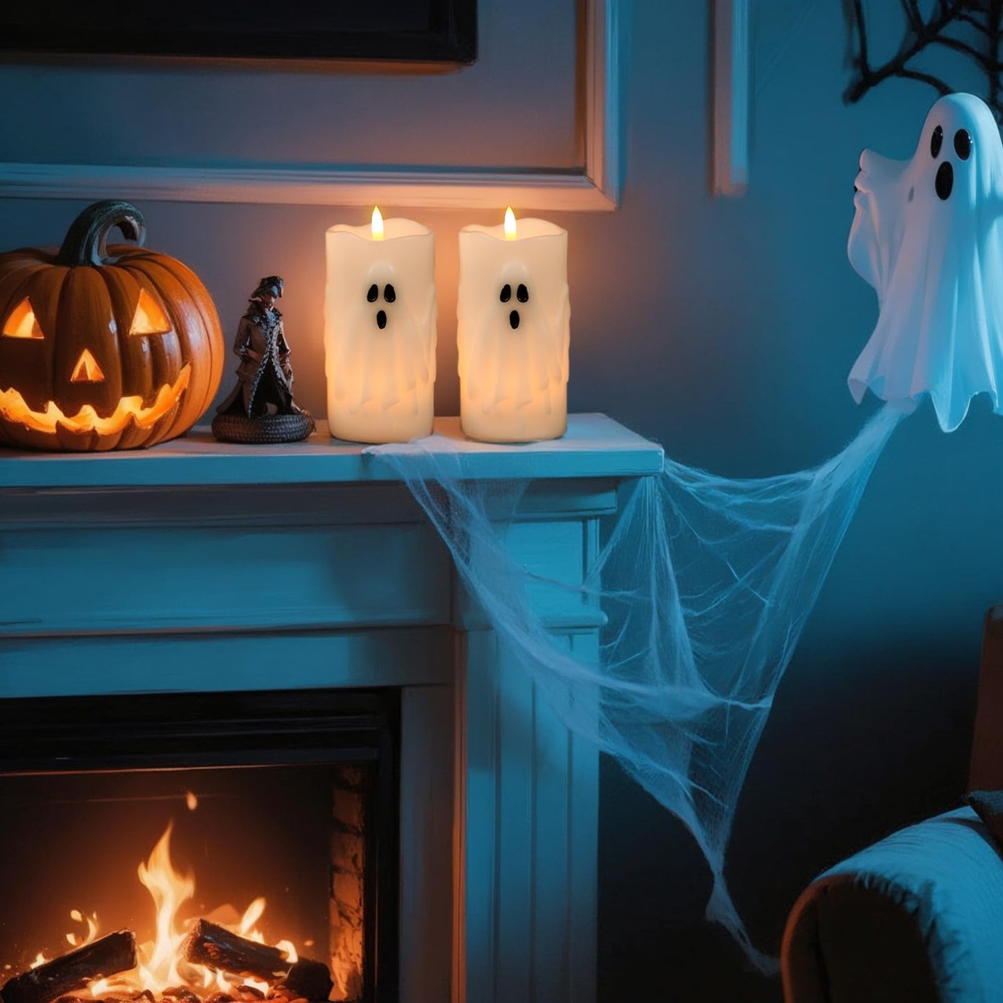 Eldnacele Spooky Ghost Halloween Flameless Candles Battery Operated with Remote & Timer Set of 2 LED Flickering Pillar Candles White Real Wax 3D Wick Long Lasting Home Indoor Decor (3" D x 6.5"" H)"