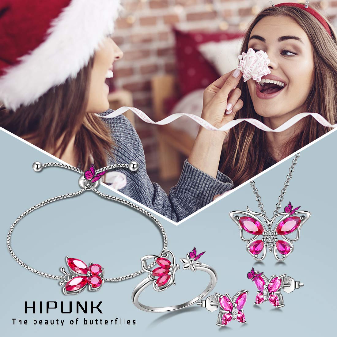 Hipunk Butterfly Red Jewelry Sets Birthstone Women 925 Sterling Silver July-Ruby Birth Stone Animal Butterflies Jewelry Sets/Earring/Ring/Bracelet Set Crystal Birthday Jewelry SS0003R
