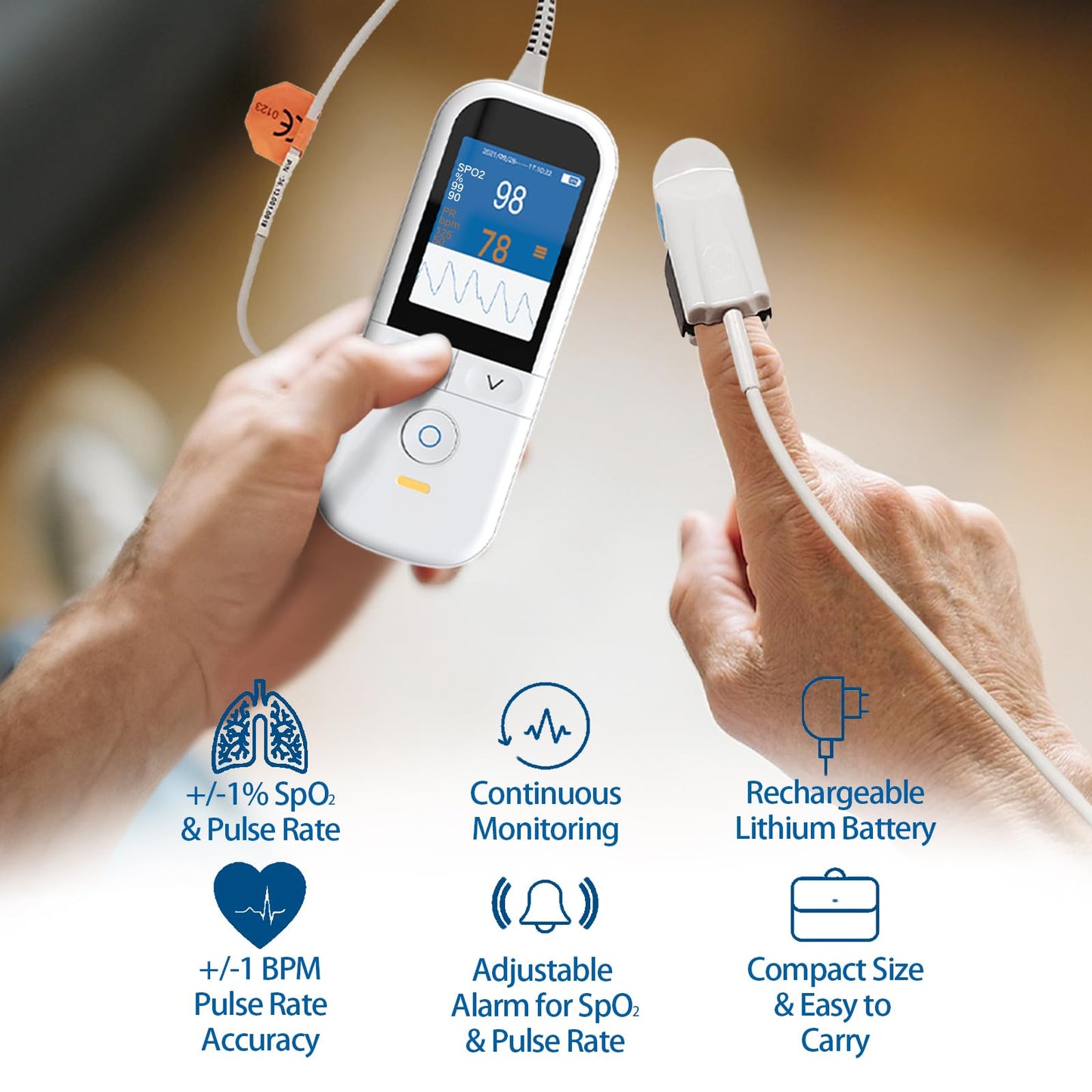 Medical Grade Pulse Oximeter for Adults - Continuous Monitoring, Adjustable SpO2 & Pulse Alarms, Rechargeable Handheld Oximeter Profesional Oximetro, Data Traceability, Instant Alarm