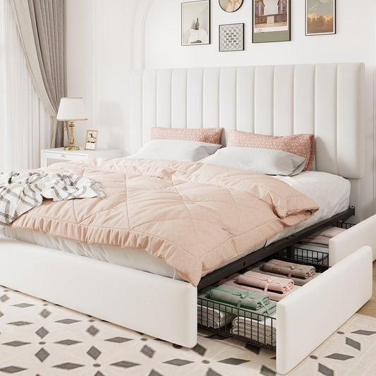 Allewie King Size Storage Bed Frame, Vertical Channel Tufted Adjustable Headboard, Velvet Upholstered Platform Bed with 4 Oversized Underbed Drawers, Wooden Slats Support, No Box Spring Needed, White