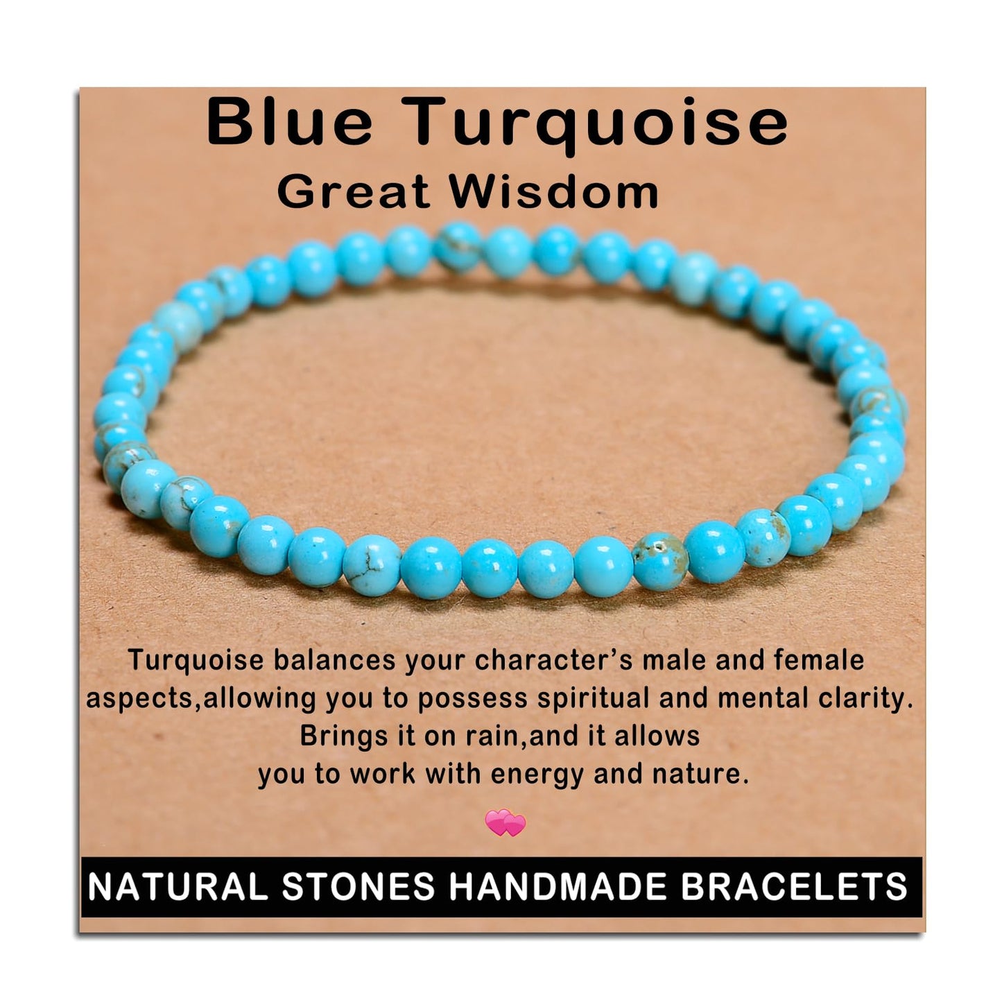 AD Beads Handmade Gemstone Stretch Elastic Bracelet Crystal Healing Reiki Nature's Beauty and Spiritual Essence Unisex (4mm, Blue Turquoise (Great Wisdom))