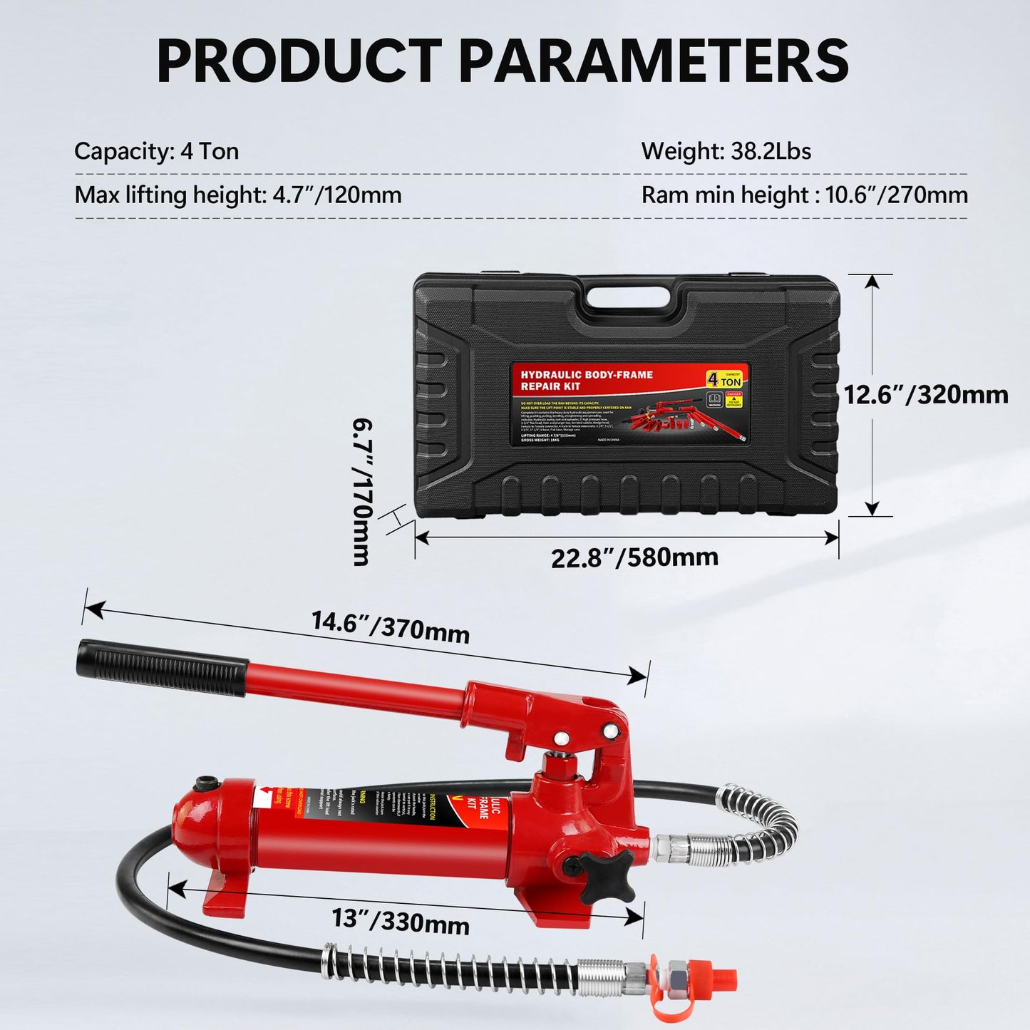 GarveeTech 4 Ton Porta Power Kit, 8800 LBS Hydraulic Jack with 17 PCS Accessories – Portable Hydraulic Ram for Auto Repair, Frame Straightening, Heavy Duty Lifting – Includes 1.25M Oil Hose