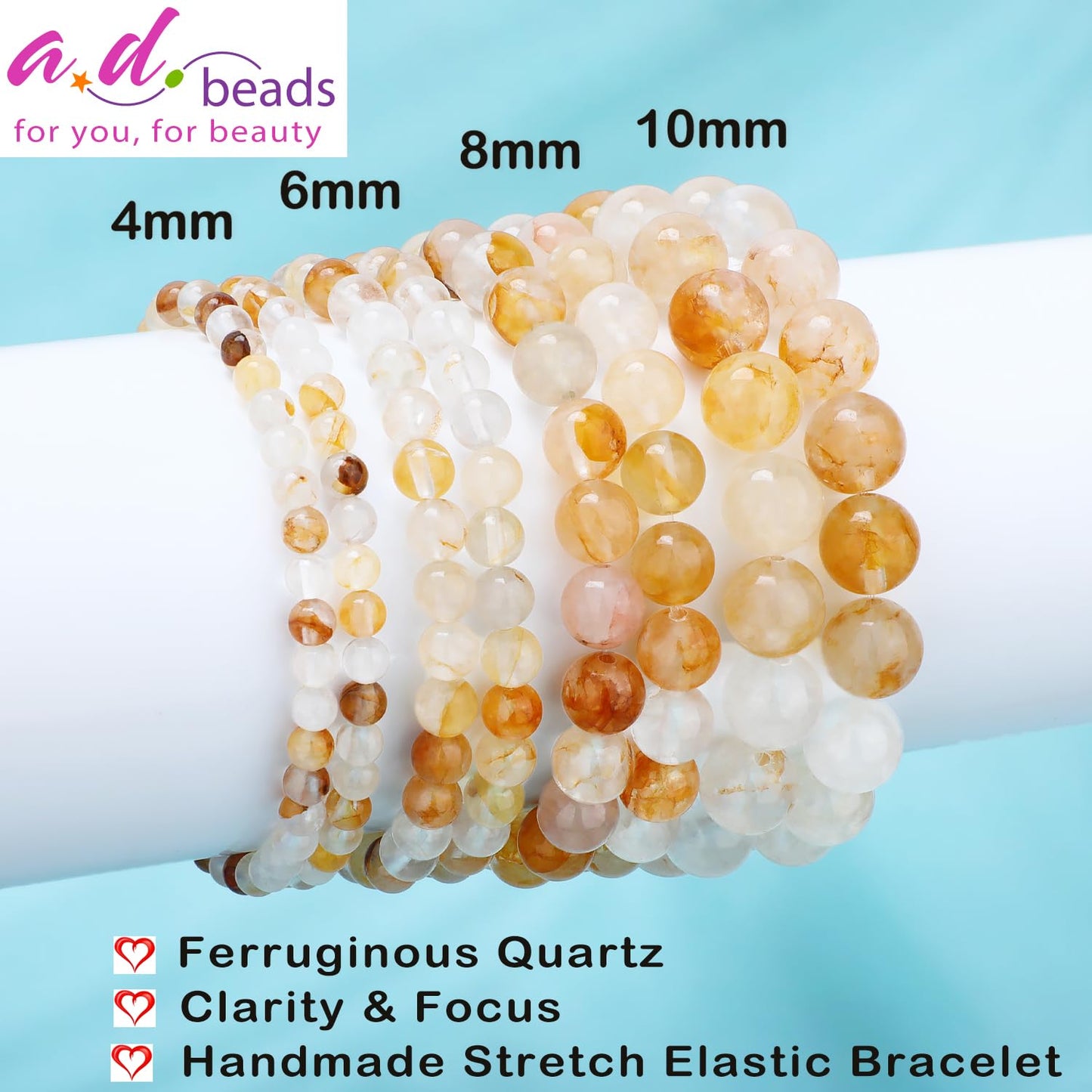 AD Beads 8mm Handmade Ferruginous Quartz Elastic Bracelet – Natural Gemstone for Clarity & Focus – Meditation, Yoga, Healing and Energy Gift for Men Women