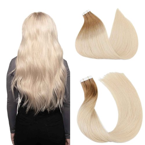 Tape in Hair Extensions ，Real Human Hair Extension,Bleach and Caramel Blonde Human Hair 24 inch 20pcs 50g,Thick Ends Straight Seamless, Invisible Tape in Hair Extensions Human Hair