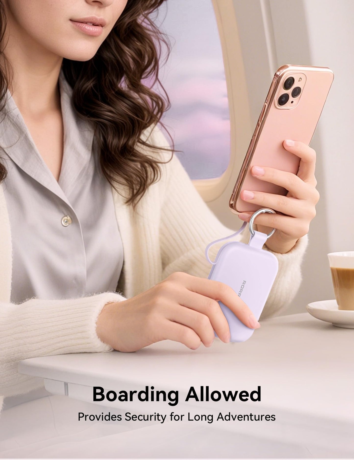 RORRY Portable Charger, 5000mAh Portable Charger Power Bank with Built-in Cables, Travel Keychain Charger Battery Pack for iPhone 17/16/15/14/13/12, for AirPods 2/3/4/Pro, Purple