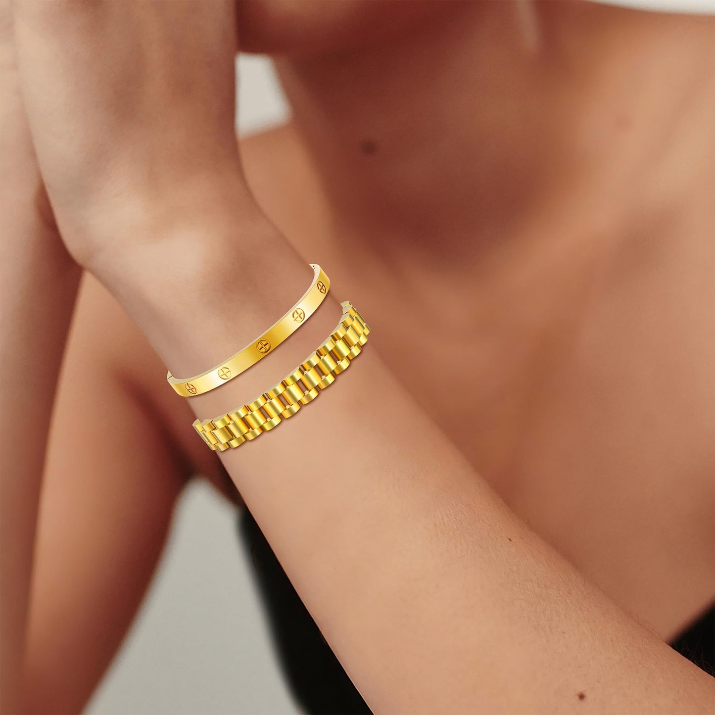 2PCS Gold Chain Link Watch Bracelet Set,18K Gold Plated Stackable Bracelets for Women,Stainless Steel Jewelry with Adjustable Tool, Non-Tarnish Friendship Love Bracelet Gift for Her. (2pcs-B Gold)