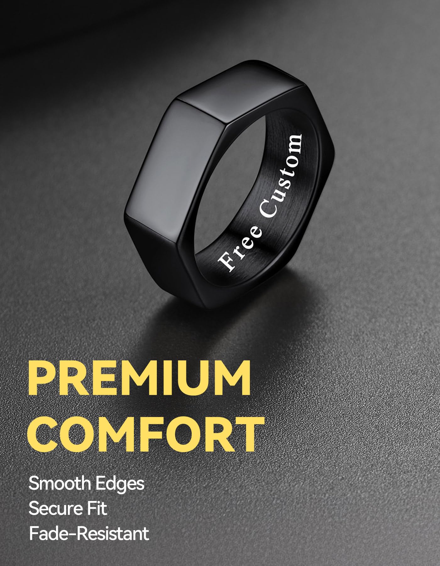 ChainsHouse Personalized Engravable Stainless Steel Black Hexagon Geometric Biker Ring Bands, Size 12
