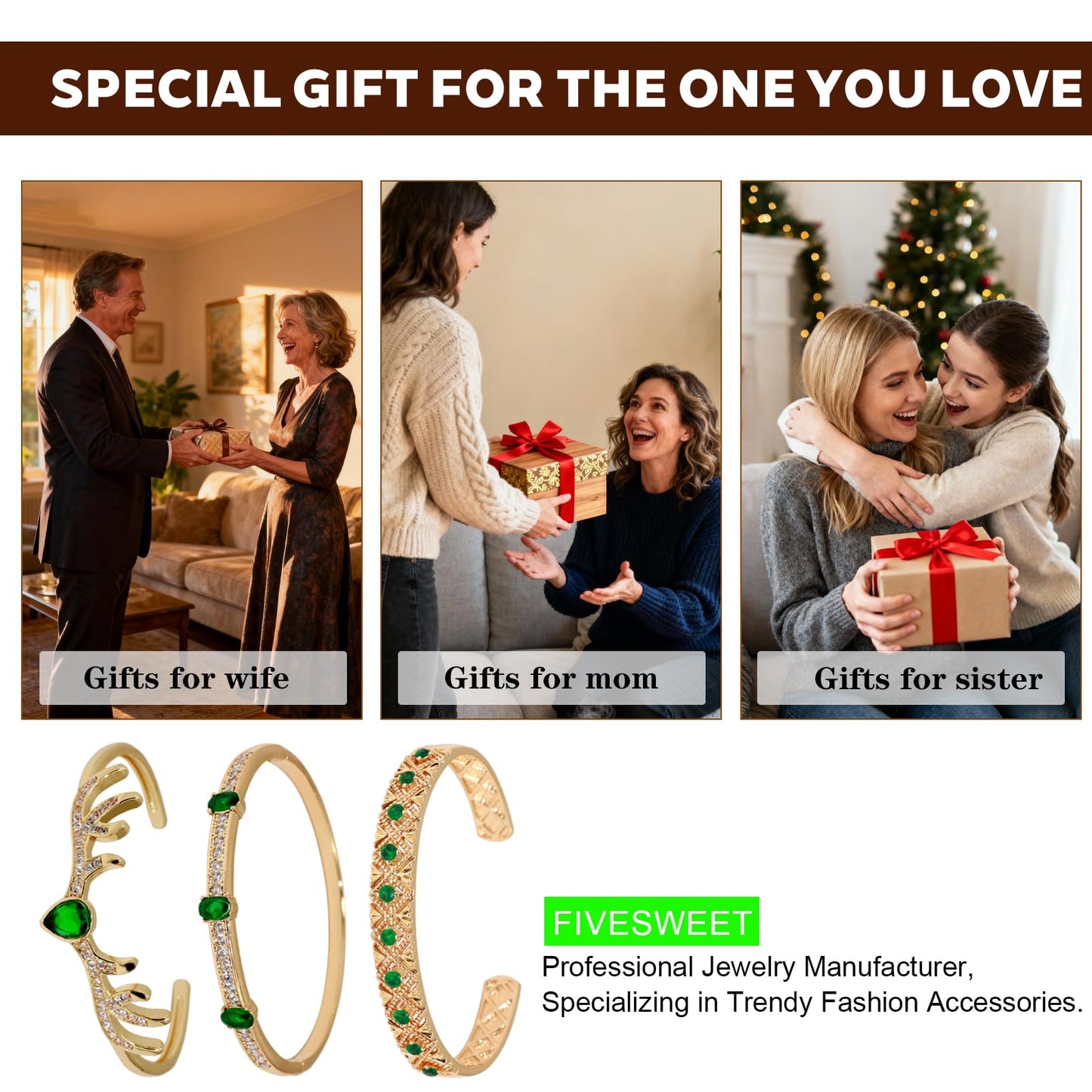 fivesweet 3PCS Gold Bangle Bracelet Set for Women, Luxurious Emerald Style, Copper Inlaid with 3A Zircon, Stackable Trendy Jewelry, 2.4 Inch, Great Gift for Her Girlfriend Wife Mom Sister Lover on Birthday Christmas Valentine's Day Mother's Day