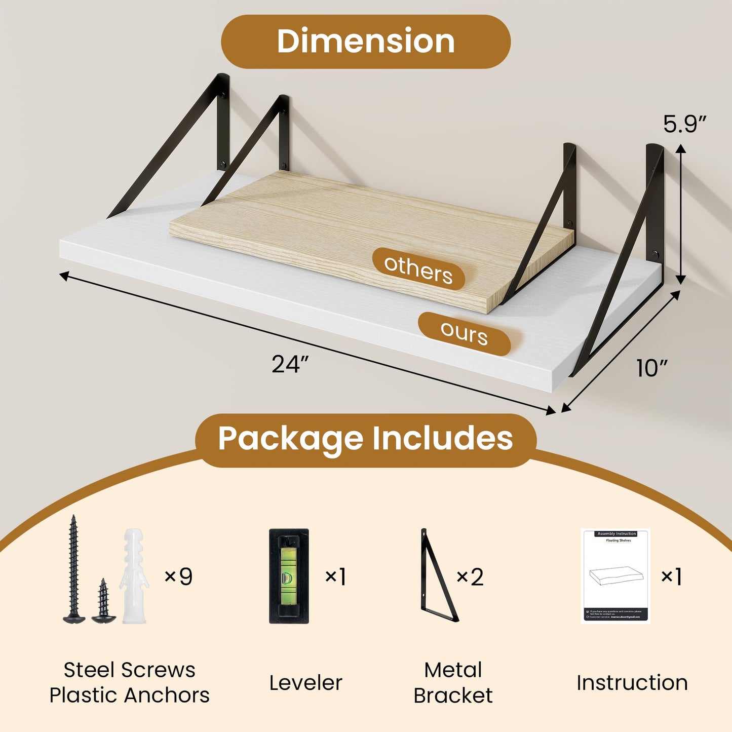 Acovy Deep Floating Shelves,24" Wx10 D Floating Shelf for Wall Set of 2,Hanging Storage Shelf with Metal Brackets,Wide Display Wall Shelves for Living Room,Bedroom,Bathroom,Kitchen,White