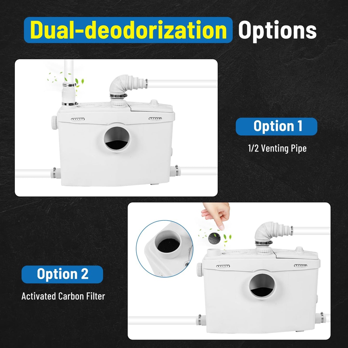 800W Macerating Toilet with Pump–Upflush Toilet System for Basement/Attic, 4 Water Inlets & AC Vent, 36ft Vertical Lift, Dual Flush, Easy Install,17.7" Elongated Toilet