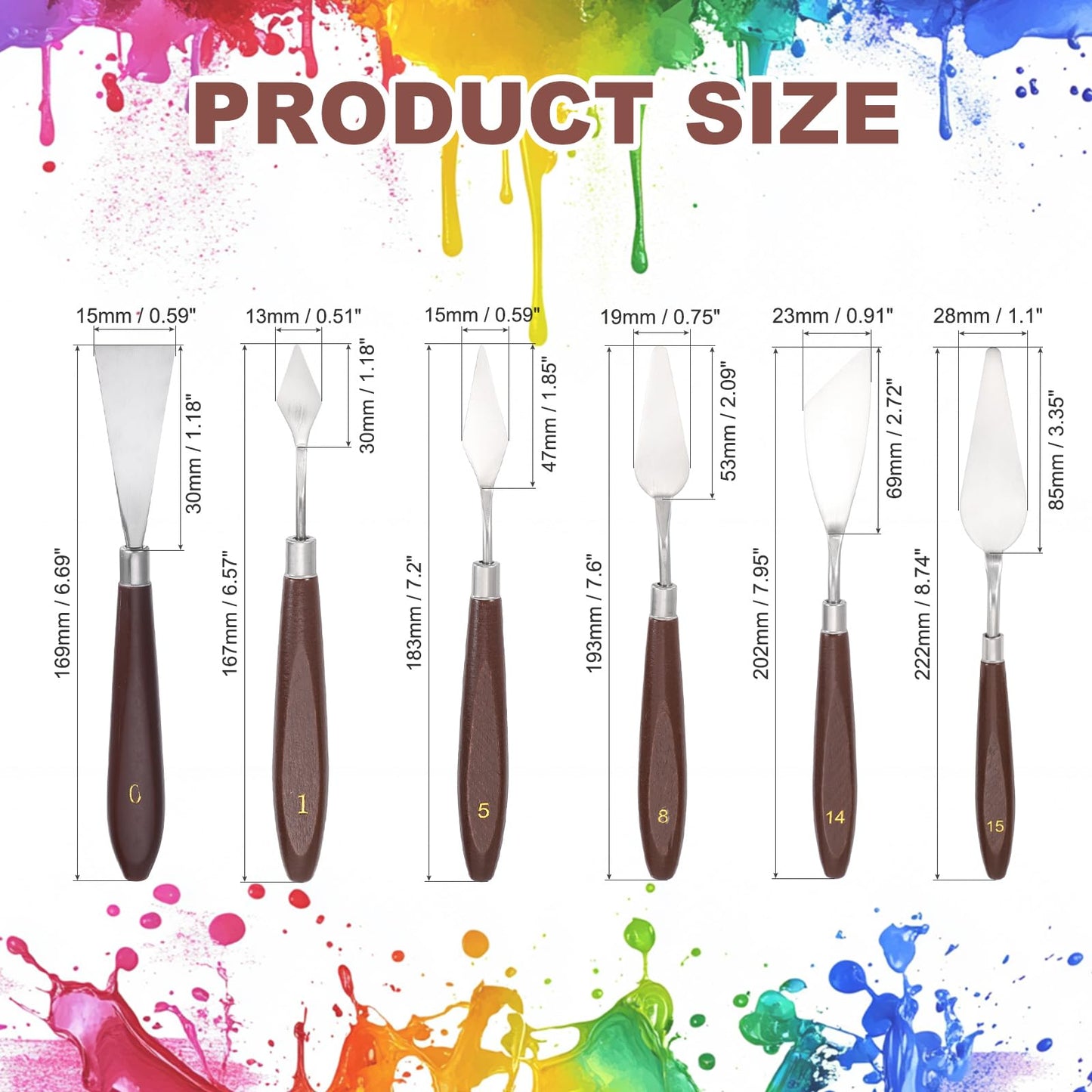 MECCANIXITY 6Pcs Palette Knife, 17.1/16/18.3/18.6/20.5/21.8cm Long Palette Knives with Stainless Steel Flexible Spatula Pallet Knife and Plastic Handle for Scraping, Oil Acrylic Painting