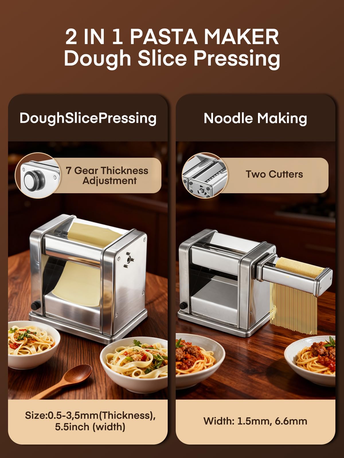 FOHERE Electric Pasta Maker Machine, Adjustable Thickness Noodle Maker for Spaghetti, Fettuccine, Lasagna & Dumpling Skins | 7-Level Customization, Food-Grade Stainless Steel, Easy Clean