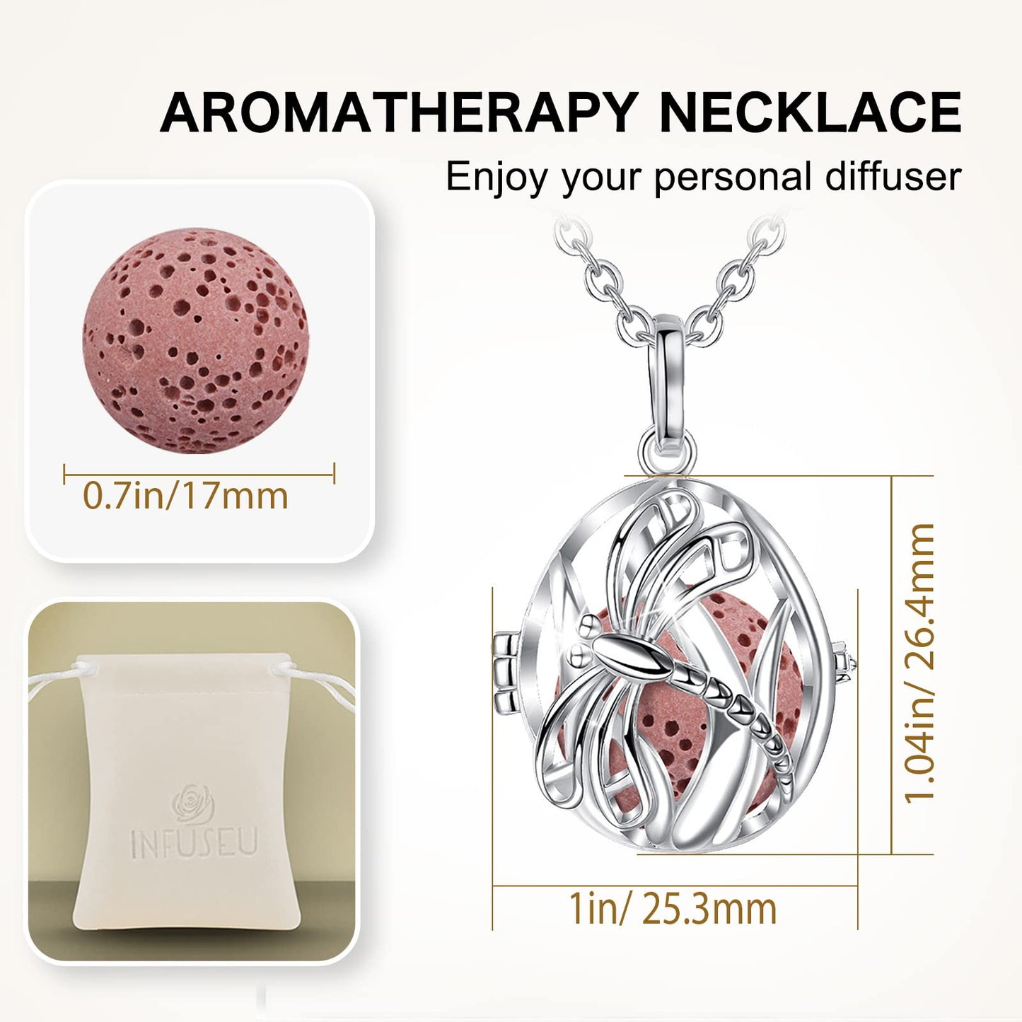 INFUSEU Dragonfly Essential Oil Diffuser Necklace Necklaces for Women Aromatherapy Jewelry 7 Lava Rock Stone Oval Aroma Therapy Scent Pendant Perfume Holder Cage Personal Smelling Wearable Gifts