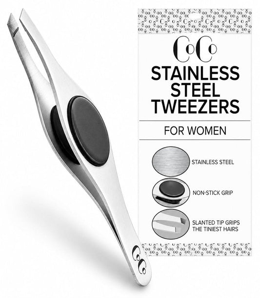 Coco’s Closet Tweezer for Eyebrows – Surgical grade Stainless Steel Slant Silver Tweezer - Precision for Ingrown Hair Removal
