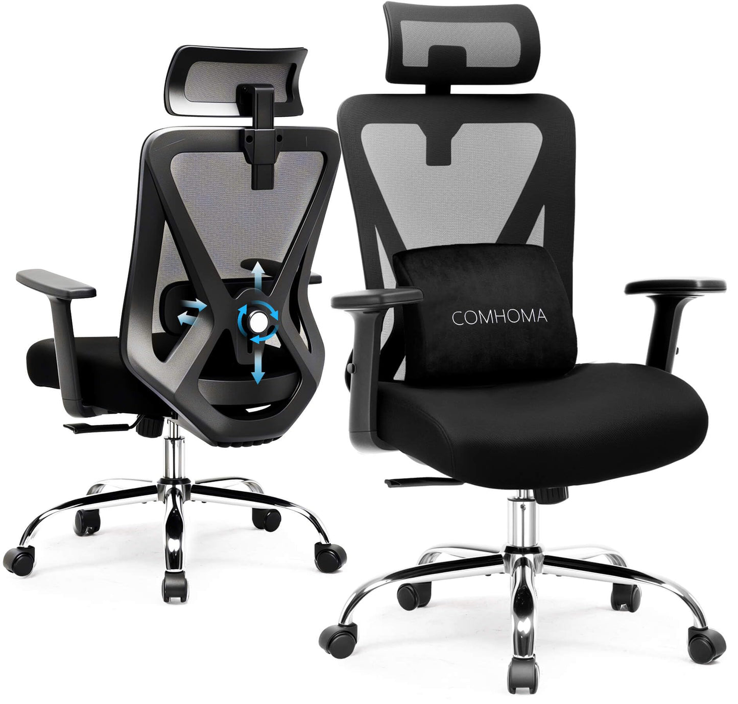 COMHOMA Ergonomic Office Chair Big and Tall Gaming Chair with Footrest, 3D Adaptive Lumbar Support & Headrest, High Back Rolling Computer Chair with Wide Seat, Breathable Mesh, ErgoFlex-F26, Black
