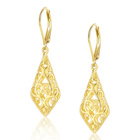 14K Gold Dangle Earrings for Women, Geometric Filigree Dangling Leverback Earrings, Gold Hypoallergenic Lightweight Dangly Drop Earings for Women Trendy Jewelry Gifts