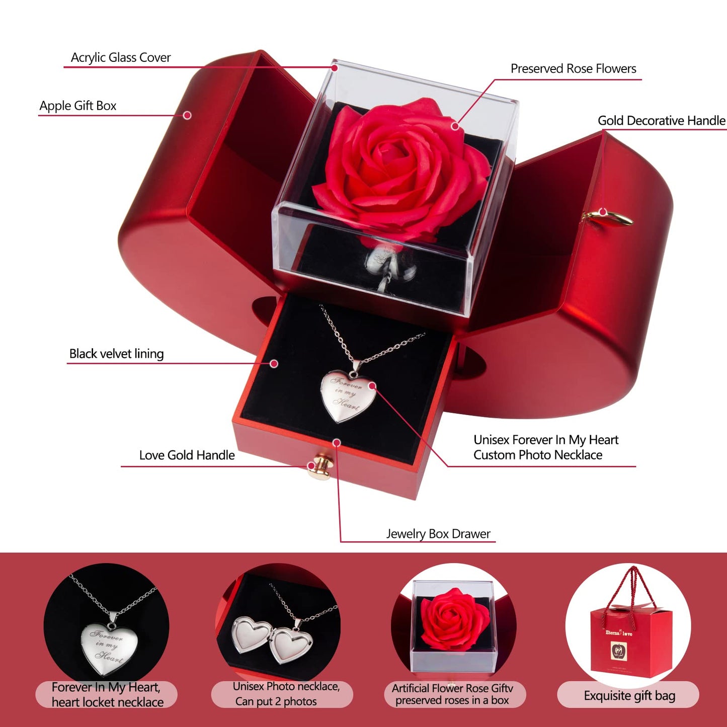 SOVIUPRZ Preserved Real Roses Birthday for Women Cherish These Eternal Flowers with Forever in My Heart Photo Necklace Rose Heart Box to My Love Romantic for Her Girlfriend Wife Mother Mom Grandma