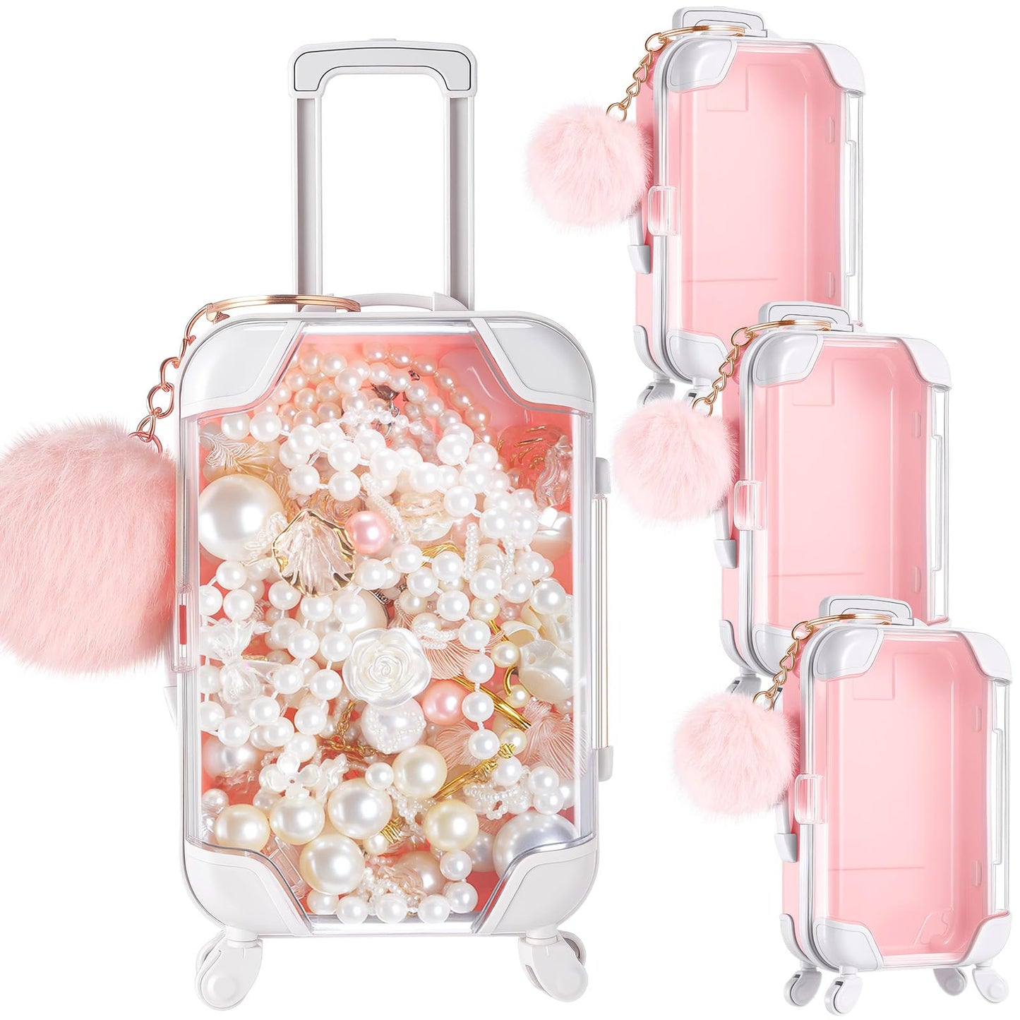 VioraWhite 6 Pcs Mini Suitcase Empty Storage Box and Plush Ball Keychain Candy Luggage Containers Packaging Case for Bridal Shower Baby Shower Party Favors Travel Gifts (Pink)