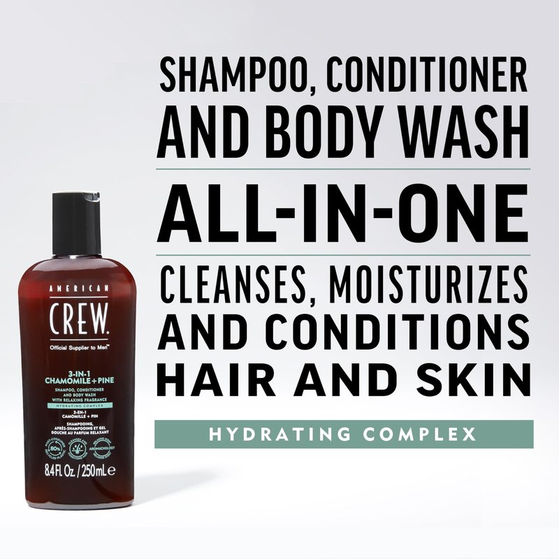 AMERICAN CREW 3-in-1 Chamomile & Pine, Shampoo, Conditioner & Body Wash for Men, All-in-One Care with Calming and Relaxing Fragrance, 33.8 fl oz