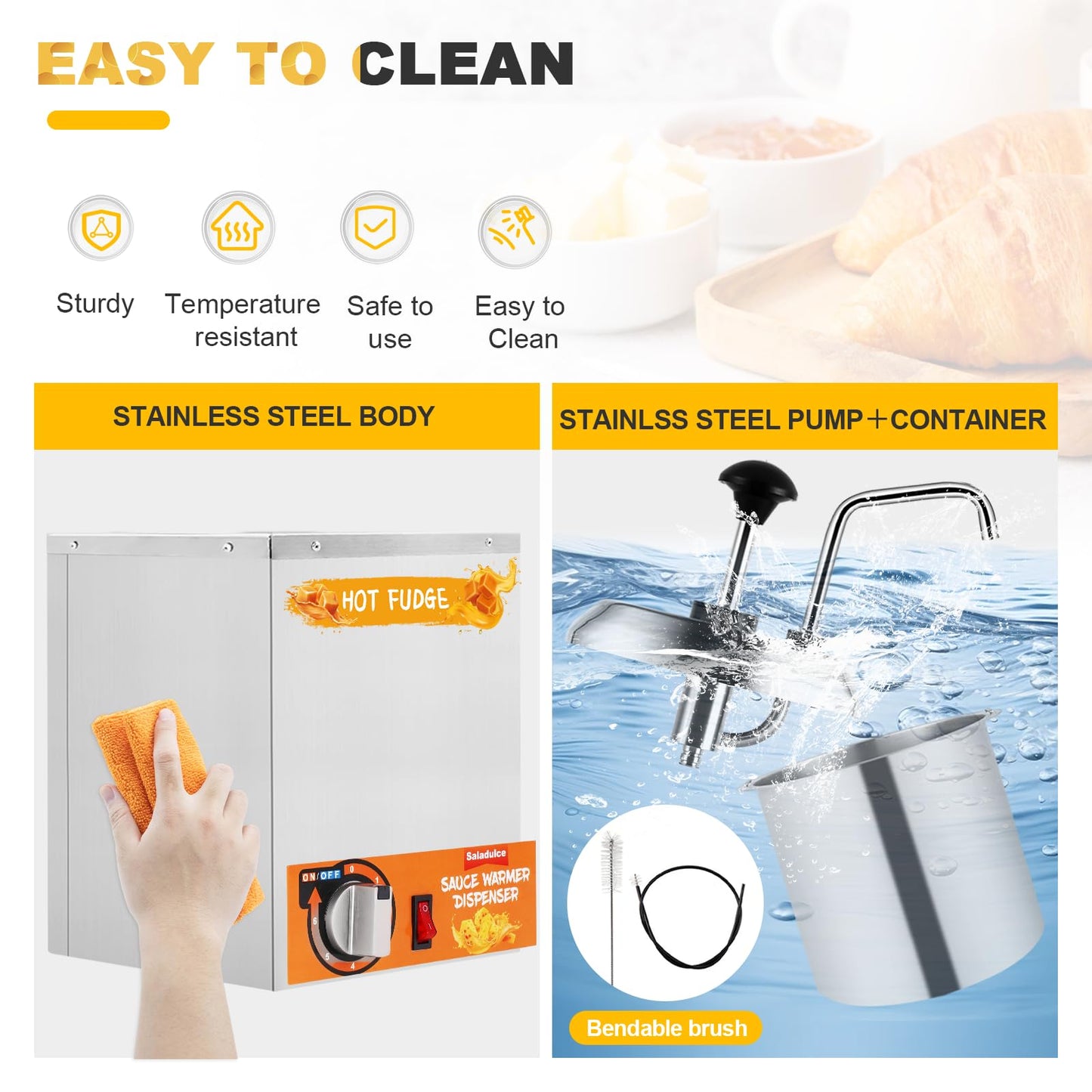 Nacho Cheese Dispenser with Stainless Pump, 2.6Quart Nacho Cheese Sauce Warmer Hot Fudge Dispenser 86-194℉ Insulated Pump Dispenser for Cheese Sauce Hot Fudge Butter