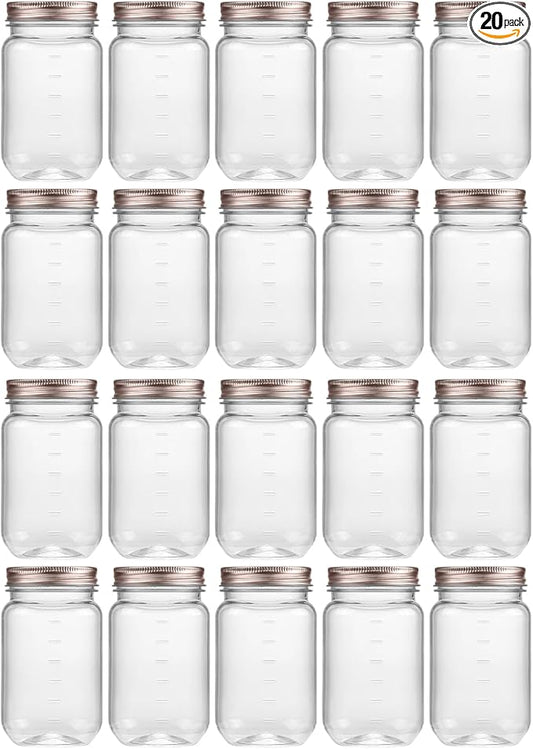 novelinks 16 oz Clear Plastic Jars with Lids, Refillable 16oz Mason Jars with Lids & Storage Containers for Kitchen & Household Use (20 Pack,Rose Gold)