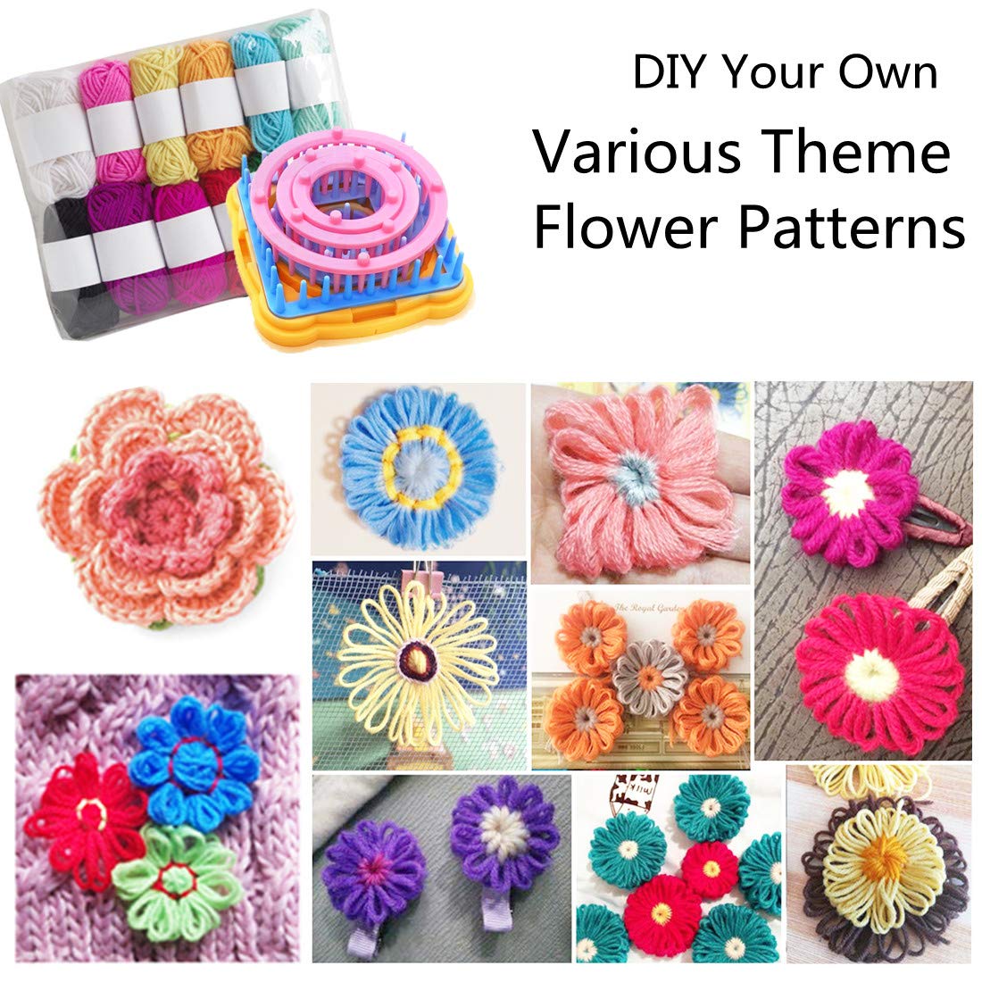 Ayasee Weaving Loom Kit, Flower Knitting Loom Kit, Frame Looms, Knitting Wool, Round/Square Knitting Looms Craft Kit Multi Color (Flower Maker + Pom Maker)