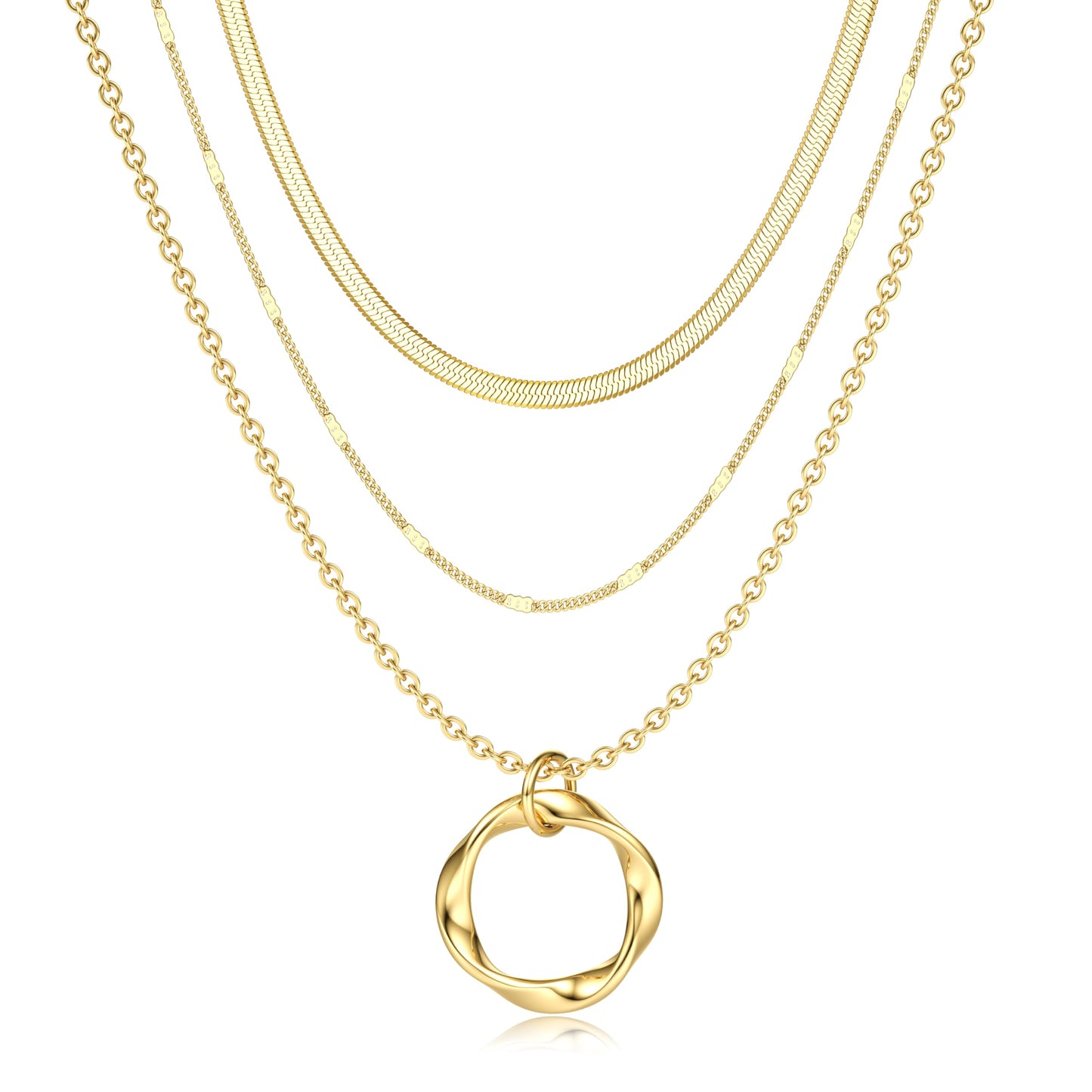TEN MIRO Layered Gold Plated Necklaces for Women Non Tarnish, Dainty 16k Gold Plated Necklace Stack Stackable Necklace for Women Layering Chain Circle Pendant Herringbone Imitation Pearl Choker Necklaces