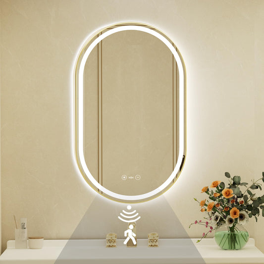 22x36 Inch Oval Gold Framed LED Bathroom Mirror with Lights,Smart Bathroom Mirror,Motion Sensor,Anti-Fog,Stepless Dimmable & 3 Colors,Memory,Vanity Mirror for Wall