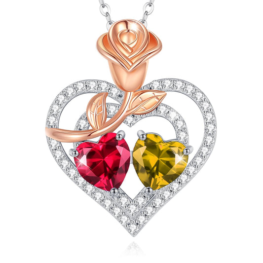 AGVANA July November Birthstone Jewelry Ruby Citrine Necklace Sterling Silver Rose Flower Heart Double Birthstone Pendant Necklace Anniversary Birthday Gifts for Women Mom Wife Lady Her