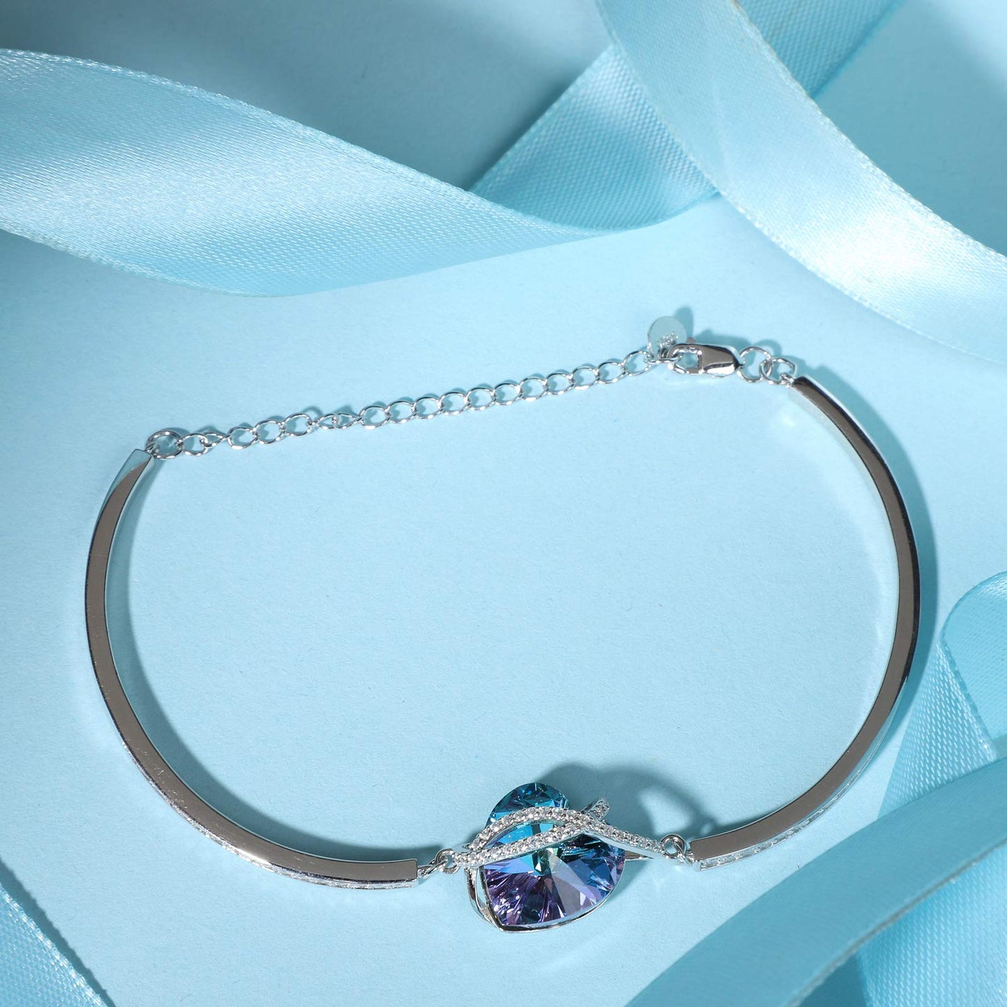 AOBOCO Infinity Heart Bangle Bracelet Sterling Silver I Love You Women Bracelet with Blue-purle Crystals from Austria, Fine Anniversary Birthday Jewelry Gifts for Her Wife Girlfriend Daughter Sister