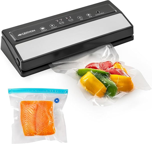 GERYON Vacuum Sealer Machine â Automatic Food Vacuum Sealer for Dry & Moist Food, Compact with LED Touch Panel, Includes Zipper Bags & Roll, Perfect for Sous Vide & Freezer Storage (Silver)