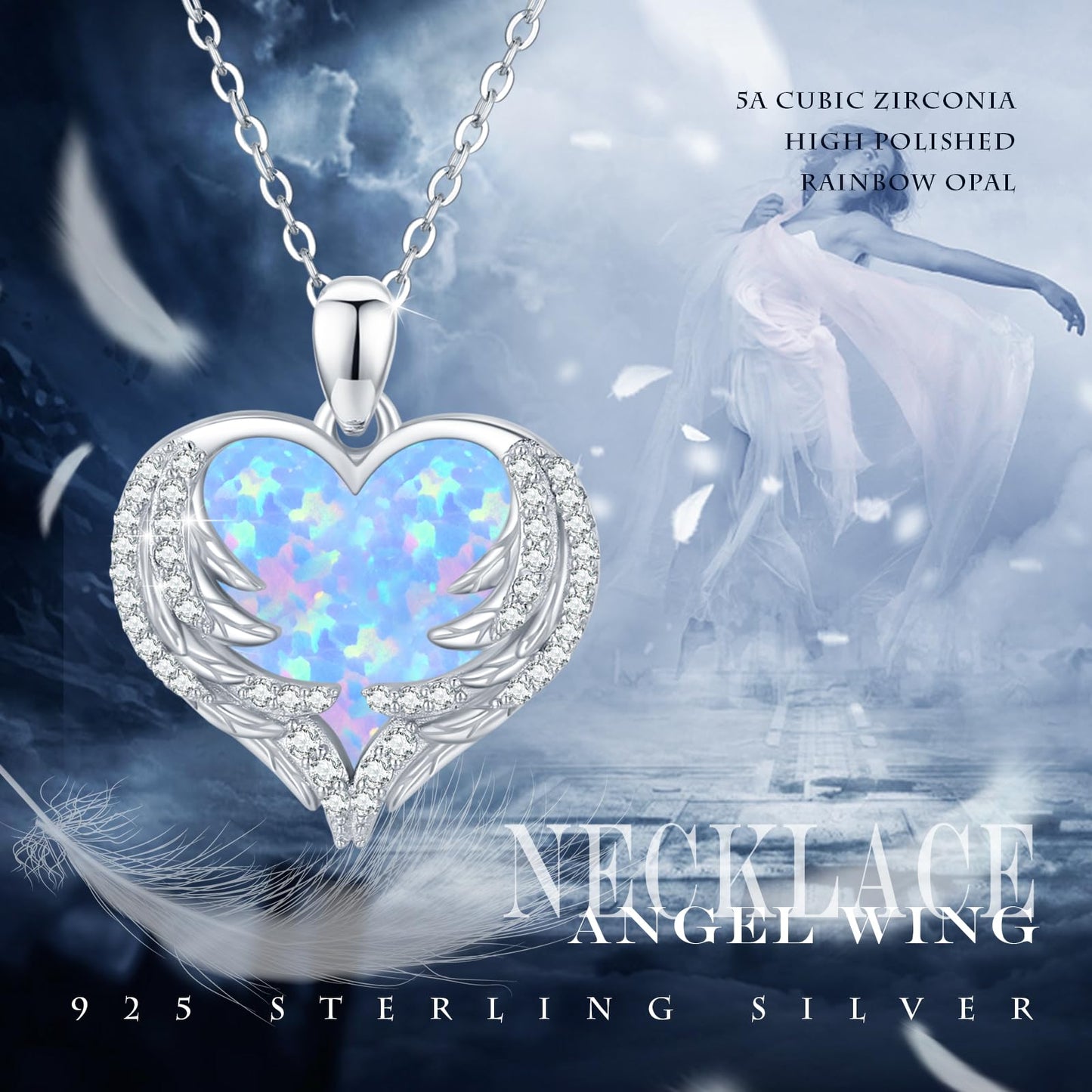 CUOKA MIRACLE Angel Wings Necklace Blue Opal Heart Necklace 925 Sterling Silver Necklace for Women Guardian Angel Wings Pendant Necklace Dainty Opal Jewelry for Women Mom Birthday Gifts