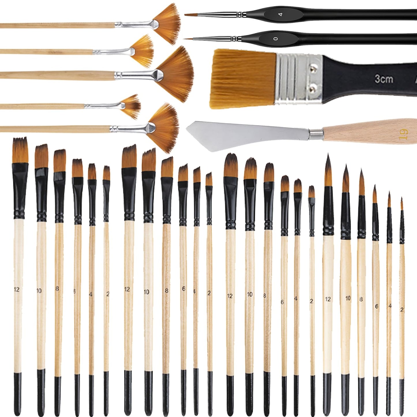 33 Pieces Paint Brush Set, Artist Series, Nylon Bristles with Round, Filbert, Flat, Fan, Angle, Detail Brush, Palette Knife,Suitable for Artists and Beginners for Acrylic Painting, Oil, Watercolor..