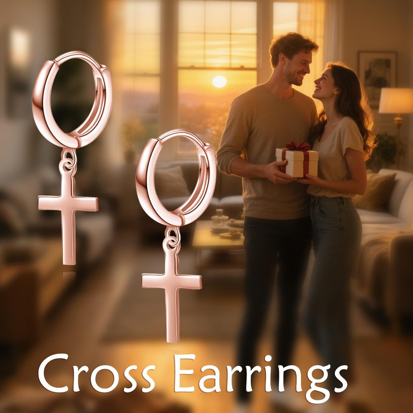 Sterling Silver Hanging Hoop Cross Earrings Rose Gold Plated Cross Dangle Drop Earrings for Women Religious Jewelry Gifts