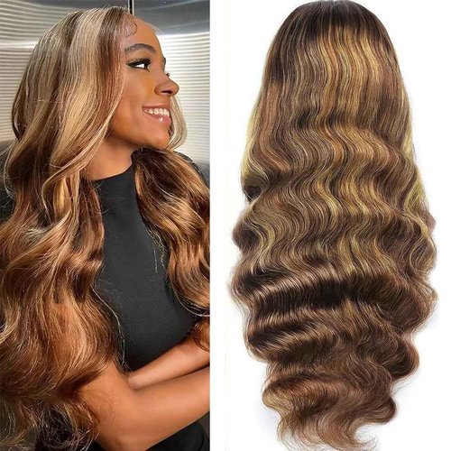 UMEGIRL 22 Inch 5x5 HD Lace Closure Wigs Human Hair Body Wave Wear and Go Glueless Wigs Pre Plucked Pre Cut P4/27 Honey Blonde Highlight Ombre Lace Front Wig Human Hair Wig 180% Density